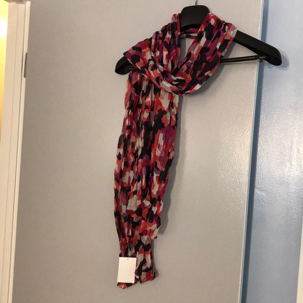 New scarf with pink, purple, navy blue and white.